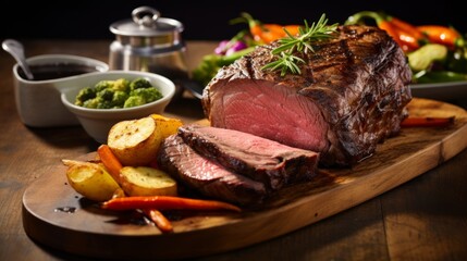Beef rib roast with yorkshire puddings and vegetables - obrazy, fototapety, plakaty