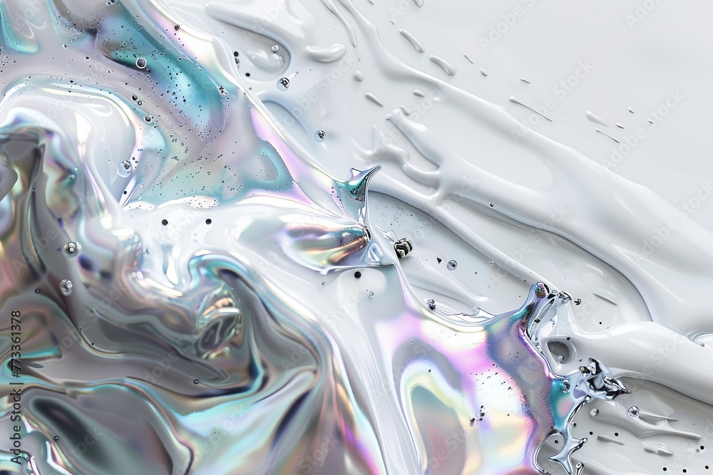 Poster closeup photo of an amorphous blob of metallic iridescent liquid floating in a minimal white void wi