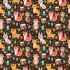 Seamless pattern with cute forest animals - squirrel, owl, bear, deer, hare on a brown background. Cute childish design for your projects