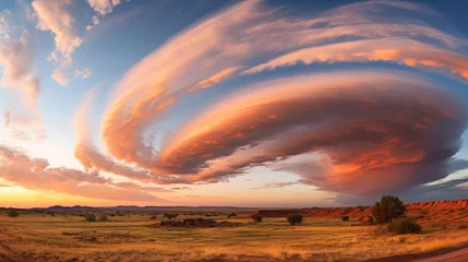 Schilderijen op glas Clouds swirl dramatically above a serene landscape © Media Srock