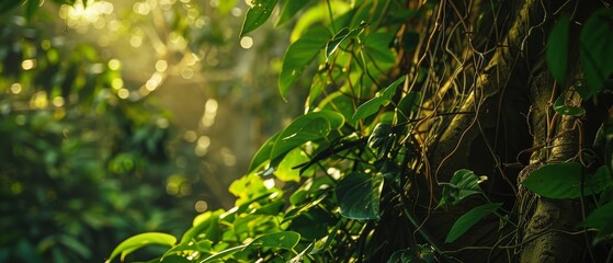 Rays of sunlight break through the treetops, casting a warm glow on the heart-shaped leaves wrapped around a tree trunk.