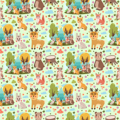 Cute seamless children's pattern with different forest animals on a green background. Children's design with smiling wild animals, vector illustration