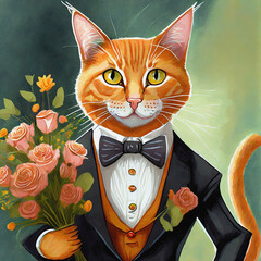 Orange Tabby Cat in Tuxedo with Peach Colored Rose Bouquet Illustration AI