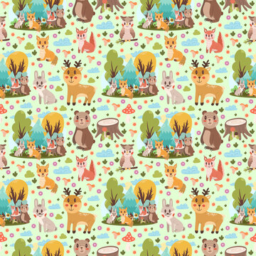 Cute seamless children's pattern with different forest animals on a green background. Children's design with smiling wild animals, vector illustration