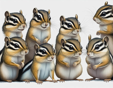 Rows of Baby Chipmunks on White Background Illustration AI