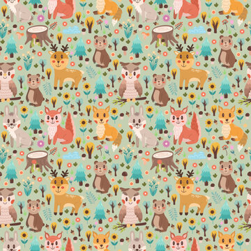 Cute children's seamless pattern with forest inhabitants - squirrel, fox, hare, owl and other animals. Wild animals in the forest vector print for children, or other projects