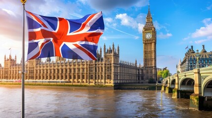 Fototapeta na wymiar Against London's skyline, the Union Jack waves in front of historic landmarks, epitomizing British heritage and unity. Invest in national identity.