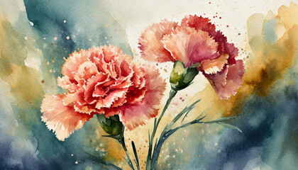 Watercolor painting of Carnation flower. Botanical hand drawn art. Beautiful floral composition.