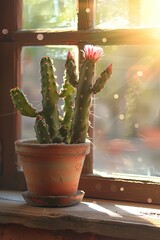 The cactus is in bloom. Ceramic pot. Wooden window and window sill. Close-up. A touch of desert beauty as the cactus blooms flourish on the wooden window sill.