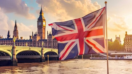 Against London's skyline, the Union Jack waves in front of historic landmarks, epitomizing British heritage and unity. Invest in national identity. - obrazy, fototapety, plakaty