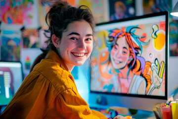 Animated Digital Artist Enjoying Her Creative Process. Exuberant digital artist with a contagious smile creating vivid illustrations in a lively and colorful art studio.