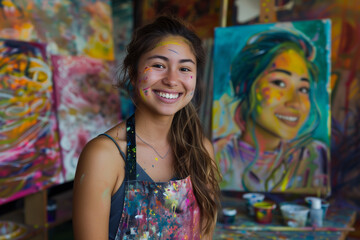 Obraz na płótnie Canvas Joyful Young Artist. A radiant 22-year-old woman artist stands adorned with splatters of paint, her joyous smile reflecting the vibrant creativity surrounding her.