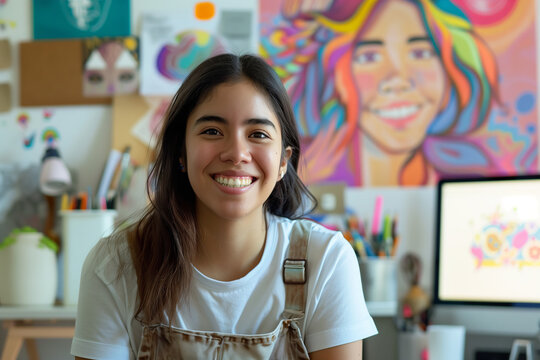 Cheerful Artist in Creative Studio with Colorful Artwork. A joyful young artist with a beaming smile in a creative studio surrounded by vibrant artwork and design materials.