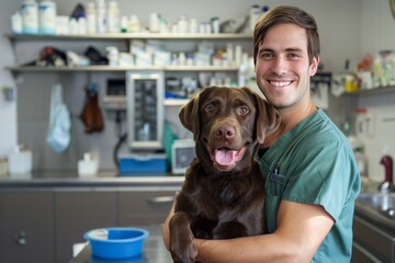 Happy veterinarian holding a chocolate Labrador