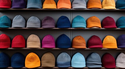 Colorful hats neatly arranged in a stack against the wall - obrazy, fototapety, plakaty