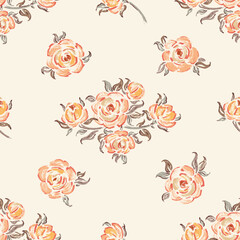 Seamless Pattern of Yellow Roses. Rose Flower. Flowers and Leaves. Vintage Floral Background. Vector illustration