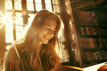 Joyful Reading in Sunlit Library. A young university student's laughter echoes through a library, her joy amplified by the golden rays of sunlight streaming through stained glass