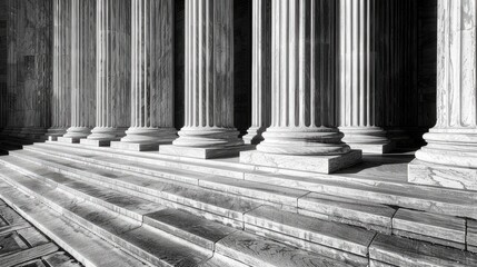 US Supreme Court's flute columns & steps, symbolizing power authority in Washington DC.