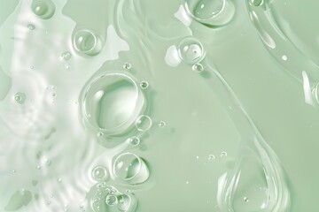 Green gel texture with bubbles, abstract skincare beauty product on light background. Hyaluronic acid serum for skin care, clear aloe and vitamin enriched.