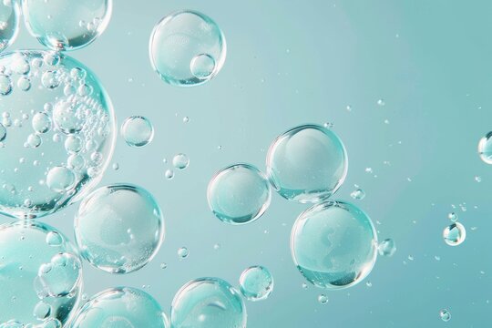 Blue and transparent water bubbles, abstract liquid texture with oil drops. Macro view of hydrogen cells, clear fluid spheres isolated on white, fresh and clean background