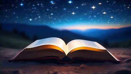 Open mystic book, night star sky background