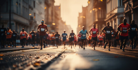 Marathon. A crowd of people running along a city street. Concept of sport, healthy lifestyle - obrazy, fototapety, plakaty