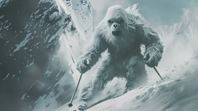 White bigfoot lives in snowy winter mountains. Scary yeti beast skiing. Mythical ape-like human-like creature, cryptid. Big mysterious hairy creature. Extinct wild monster. Extreme sport. Ski resort.