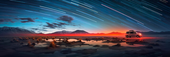 astrophotography with long exposure to capture star trails over a captivating landscape ....