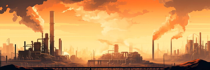 industrial cityscape with silhouettes of factories and smokestacks against the skyline. Generative...