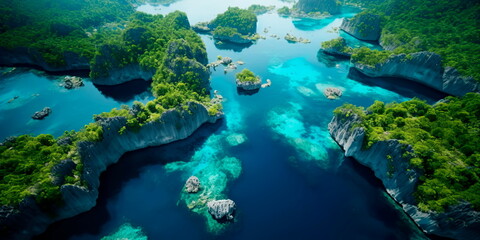 beauty of natural archipelagos from above, highlighting the patterns created by interconnected islands, reefs, and lagoons. Generative AI
