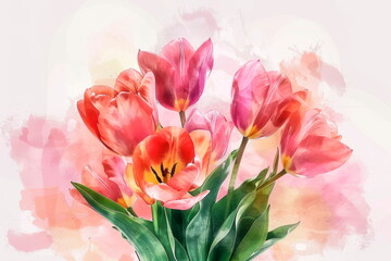 Vibrant watercolor background featuring a bouquet of tulips, perfect for celebrating the arrival of spring. Generative AI