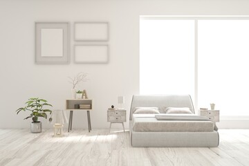 White bedroom concept. Scandinavian interior design. 3D illustration