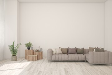 White scandinavian interior design with sofa. 3D illustration