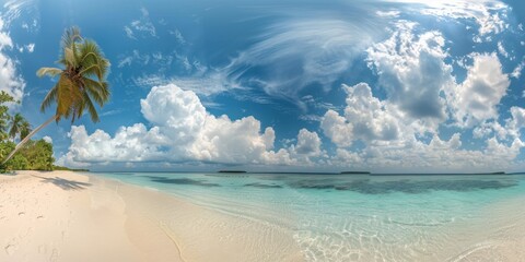 Fototapeta na wymiar Palm tree and white sand against the background of the azure ocean Generative AI