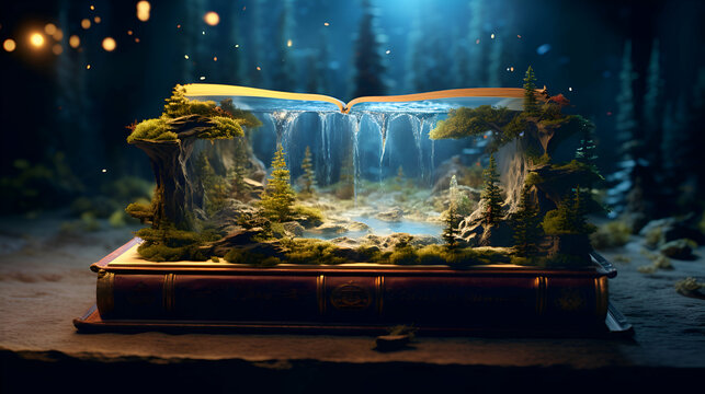 Fantasy landscape with a waterfall and a book. 3d rendering.