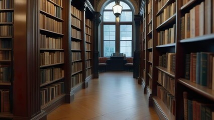 Library aisle, interior with book shelves, window