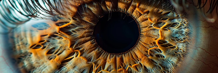 human eye, revealing the intricate patterns of the iris and the reflection of light in the pupil....