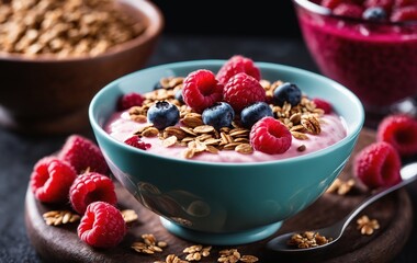 Yogurt with granola and fresh raspberries and blueberries