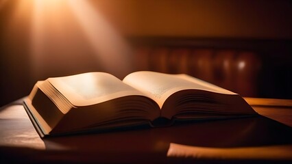 Holy religious book lying on desk, sunlight beams shining. Bible