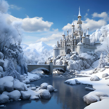 Winter fantasy landscape with castle and bridge. 3d digitally rendered illustration