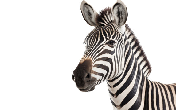 A zebra is shown up close on a white background, showcasing its distinct black and white stripes