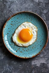 Fried egg with yellow yolk served on blue ceramic plate. Close-up view. Blue plate, yellow yolk.