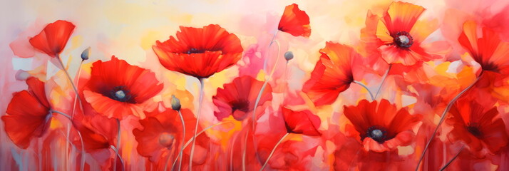 Playful watercolor of whimsical poppies against a vibrant red background, adding a bold and cheerful ,Generative AI