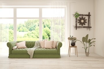 Bright interior design with modern furniture and summer landscape in window. 3D illustration