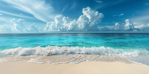 Azure ocean sand and blue sky Generative AI - obrazy, fototapety, plakaty