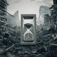 Time to end a war, end of a war, sand clock in a destroyed city