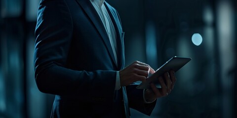 Businessman with tablet Generative AI - obrazy, fototapety, plakaty