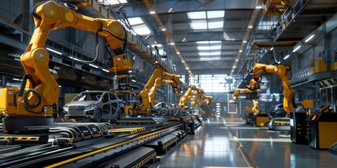 automated construction of cars in a factory robots Generative AI - obrazy, fototapety, plakaty