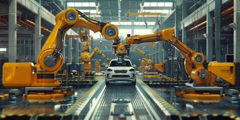 automated construction of cars in a factory robots Generative AI