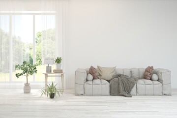Modern interior concept with sofa and summer landscape in window. 3D illustration
